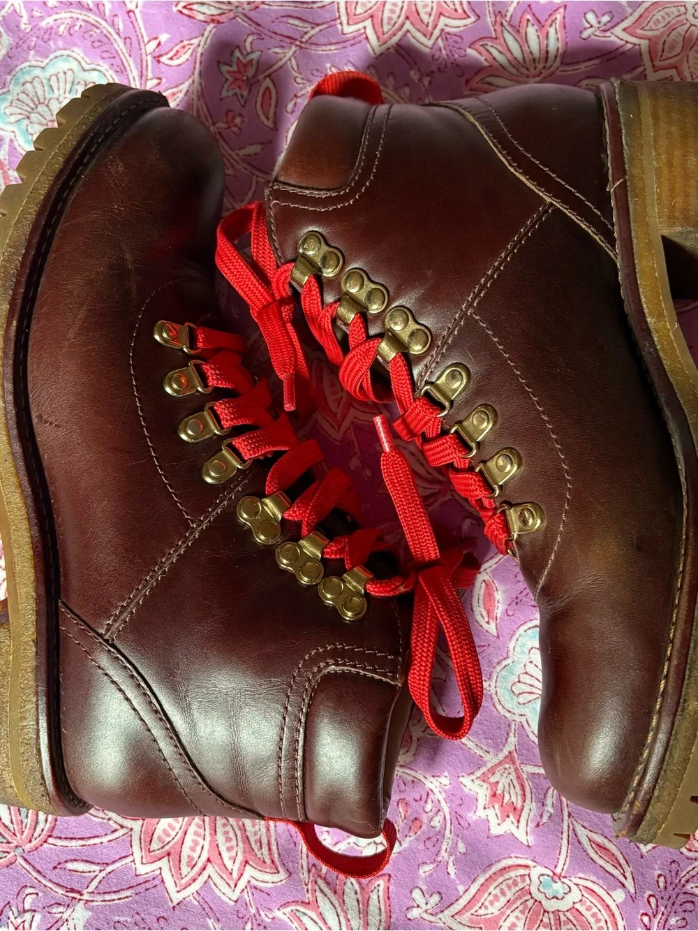 Tory Burch Brown Leather Hiking Boots with Red Laces
